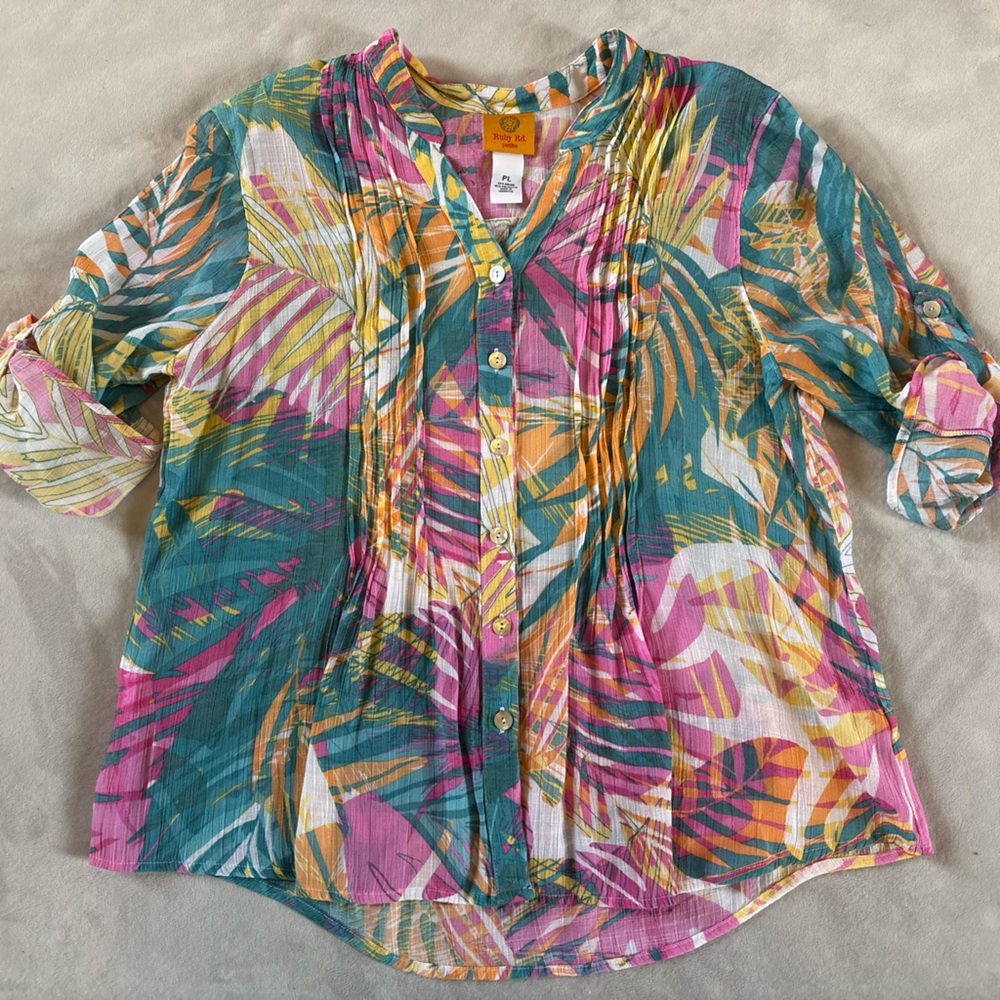 Ruby Rd Tropical Print Button Front Blouse Pink T… - image 2